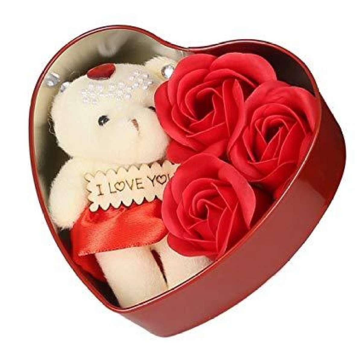 Valentine Day Love -Heart Shape Box (Flowers With Soft Teddy) - 11cm*11.8cm