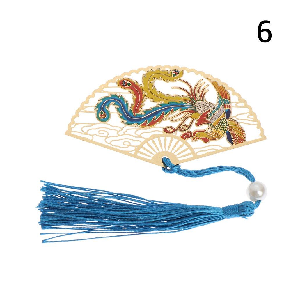 1PC Chinese Style Retro Group Fan Shape Brass Bookmark Peacock Koi Tassel Pendant Metal Book Clip Pagination Mark Stationery