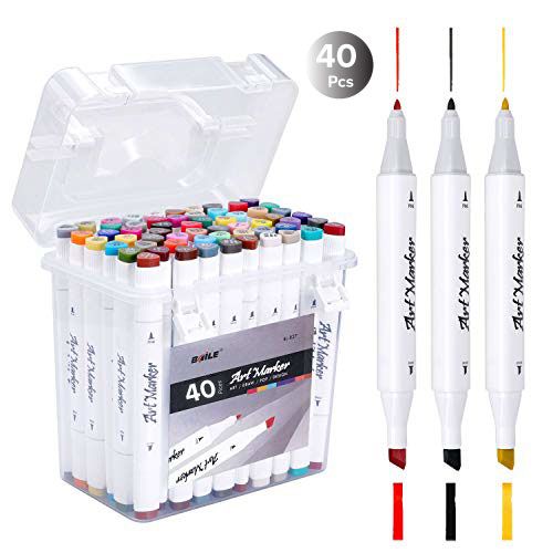 40 Color Dual Tips Markers Pen Set, Permanent Art Marker, Double Sided Colored Supplies for Artist Kid Adult Painting Coloring Sketch School Craft with Case