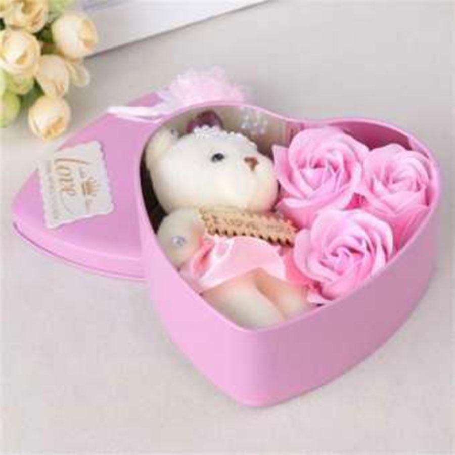 Valentine Day Love Gift -Heart Shape Gift Box (Flowers With Soft Teddy)