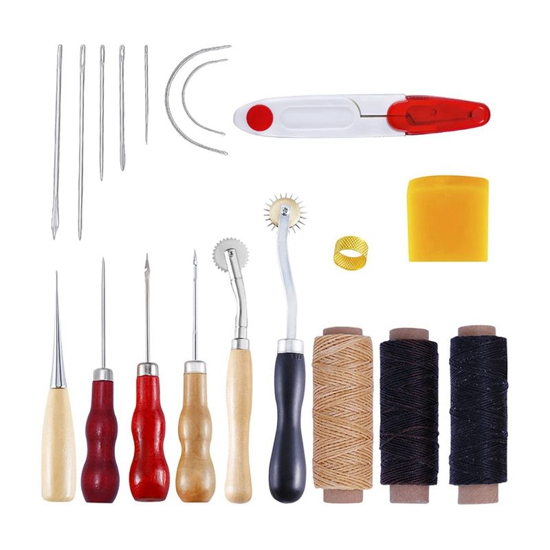 JAERBEE 19 PCS Leather Craft Tool Kit Leather Repair Kit Hand Sewing Waxed Thread Needles DIY Sewing Craft Accessories