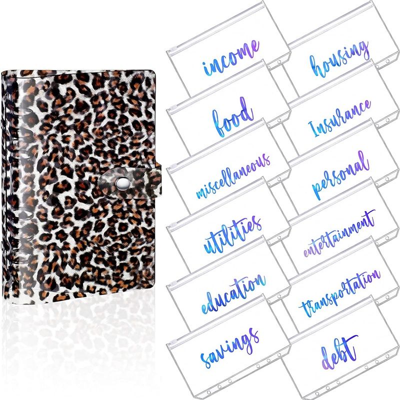 JOUYI PVC Notebook Cover Planner Budget Binder Organizer 6 Round Ring Protector Binder Zipper Folder for Bill Planner(Leopard)
