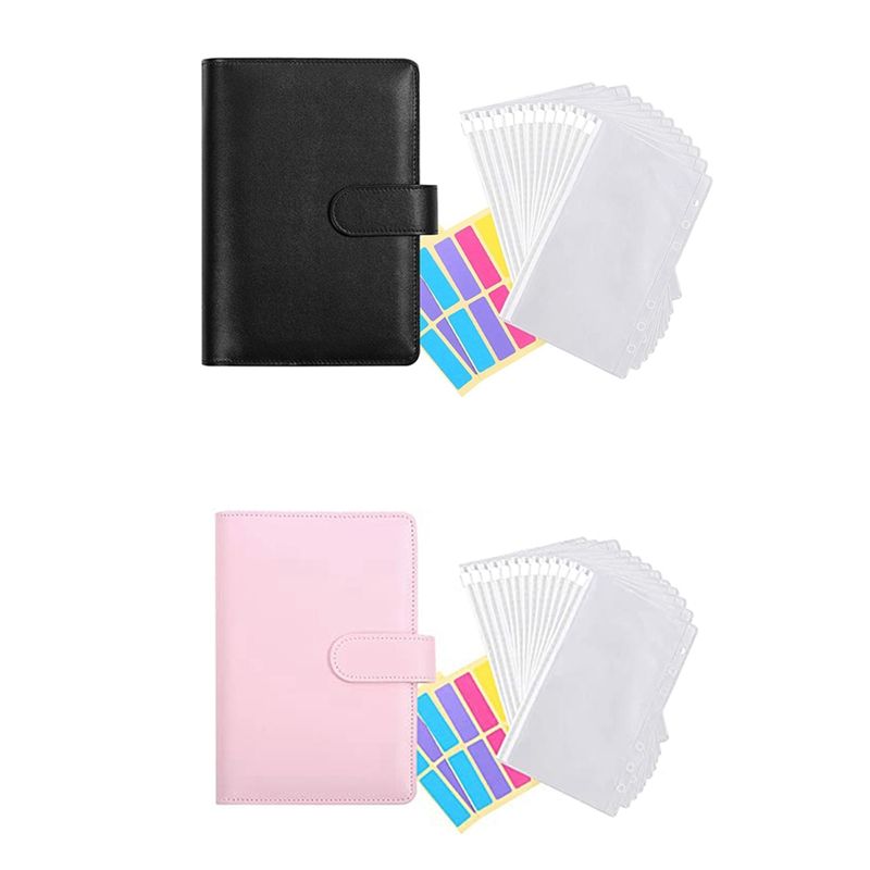 2 Set Transparent Plastic A6 Binder Envelopes,Waterproof Cash Budget Envelope System,With Label Stickers Black & Pink