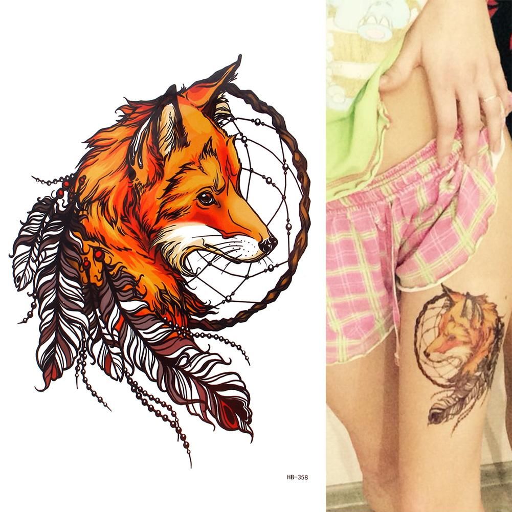 21 X 14.8CM Women Girl Men Yellow Fox and Feather Cool Beauty Tattoo Waterproof Hot Temporary Tattoo Stickers