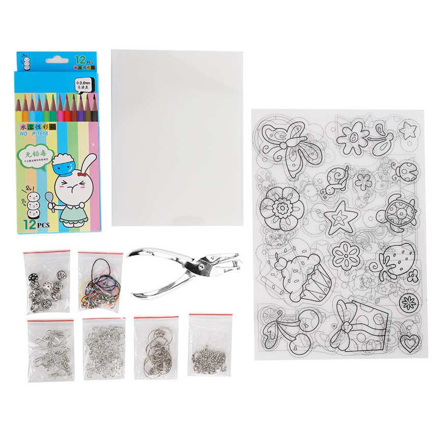 Heat Shrinkable Plastic Foil Kit 12 Pcs Color Pencils Keychains Clasp Lanyard Strap Kids Mobile Straps Craft School Project
