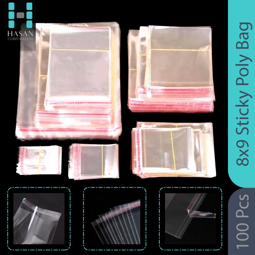 100 Piece (8x9 inch) Extra Adhesive Transparent Cellophane Sticky Poly Bag