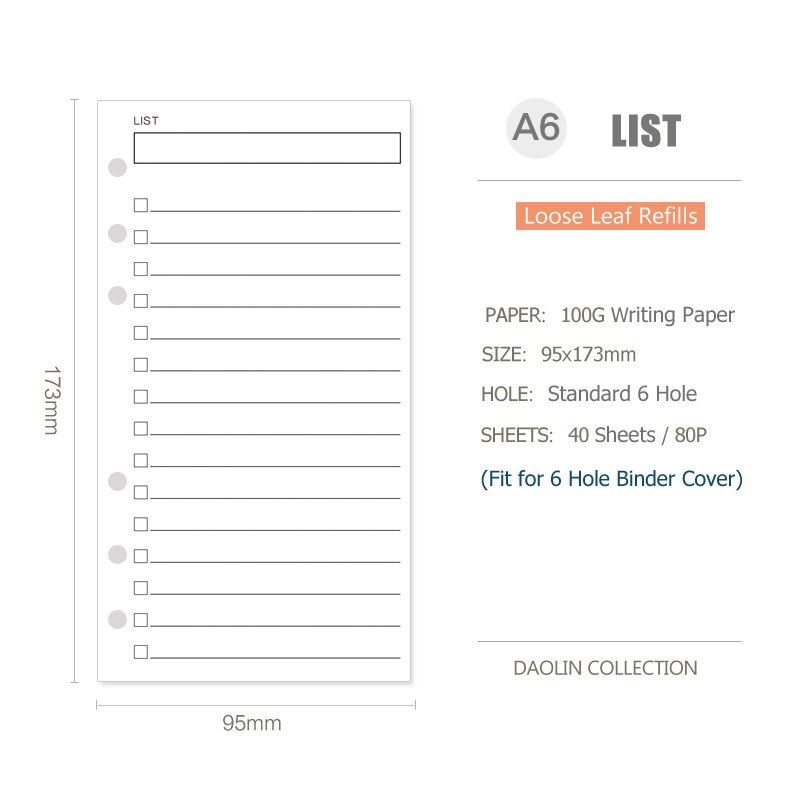 MyPretties 40 Sheets Loose Leaf A5 Refill Papers Grid Dotted Ruled Blank 6 Hole Binder Organizer Notebook Papers for Planner