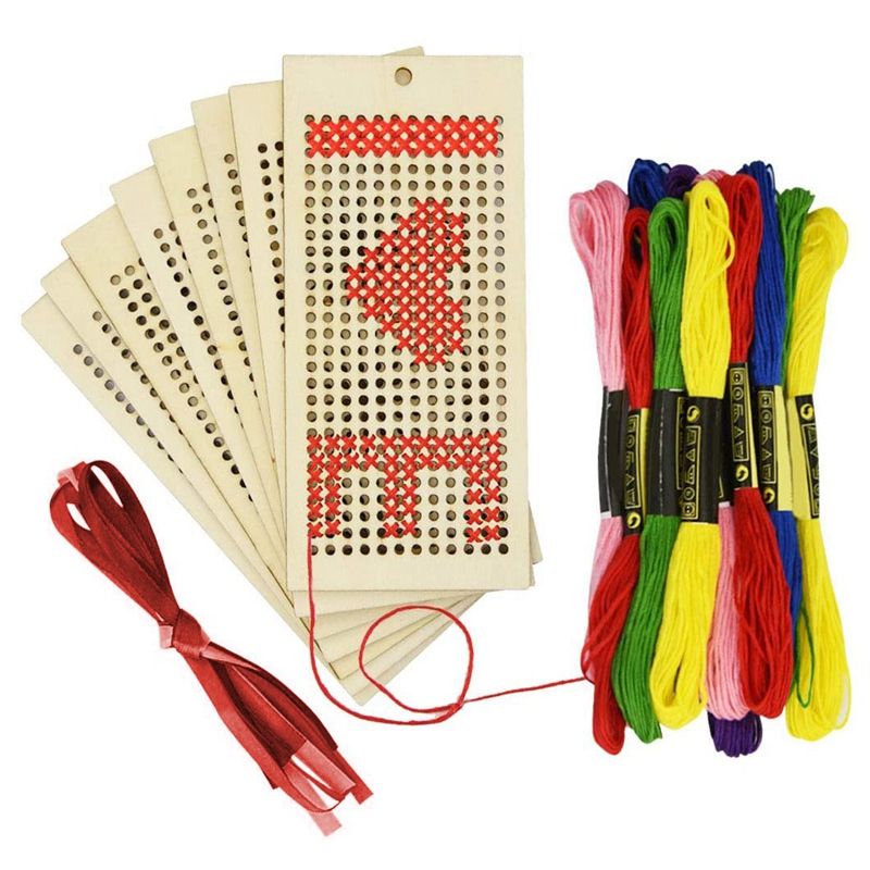 8 PCS Wooden Bookmark Blanks Cross Stitch Kit DIY Wooden Craft Bookmark Ornaments for Kids and Teens