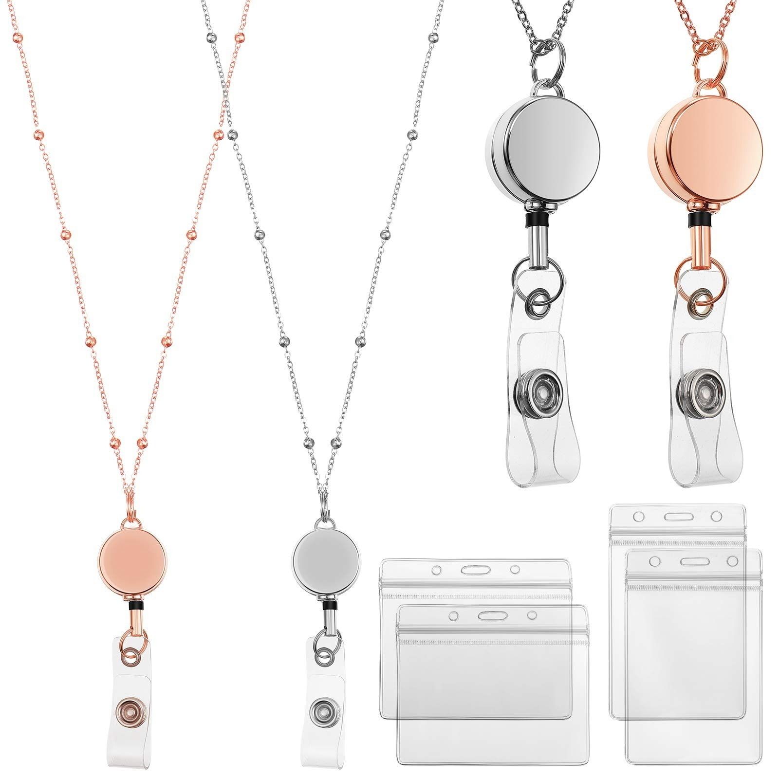 2 Pcs Retractable Badge Reel Lanyard with ID Holder Necklace Lanyard Badge Clip Chain Waterproof Holder - C