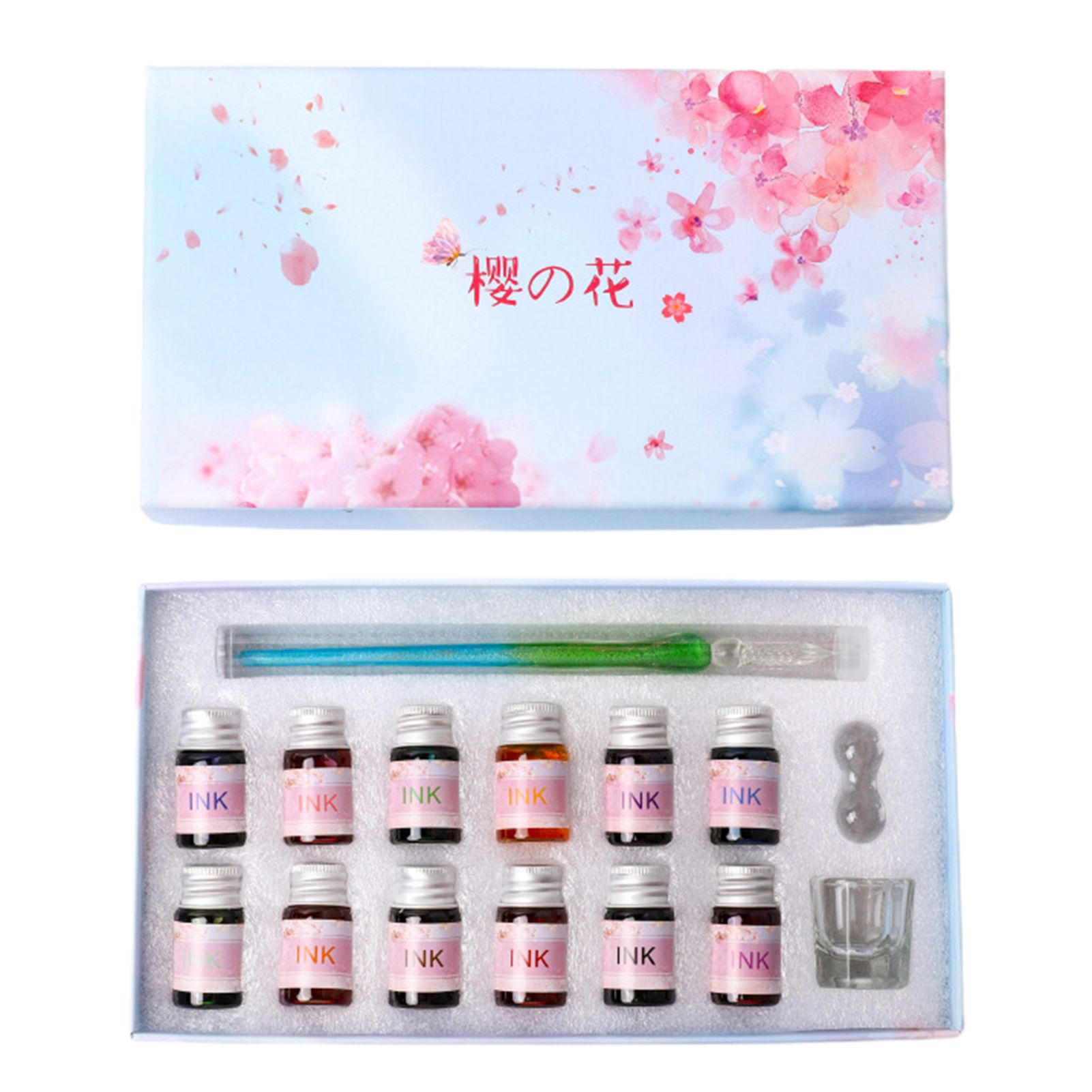 1 Set Dip Pen Translucent Cherry Blossom Decor Paillette Print Glass Ink Pen Set for Gift