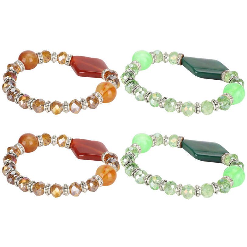 Beads Bracelets 2 Set Elastic Crystal Wild Simple Stylish Craft Ornaments Green Coffee Color