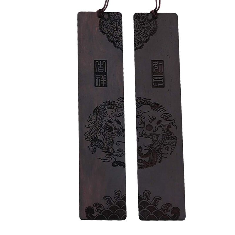 Natural Wooden Bookmark with Ancient Chinese Characters, Dragon and Phoenix Pattern, Gift for Teacher, Student