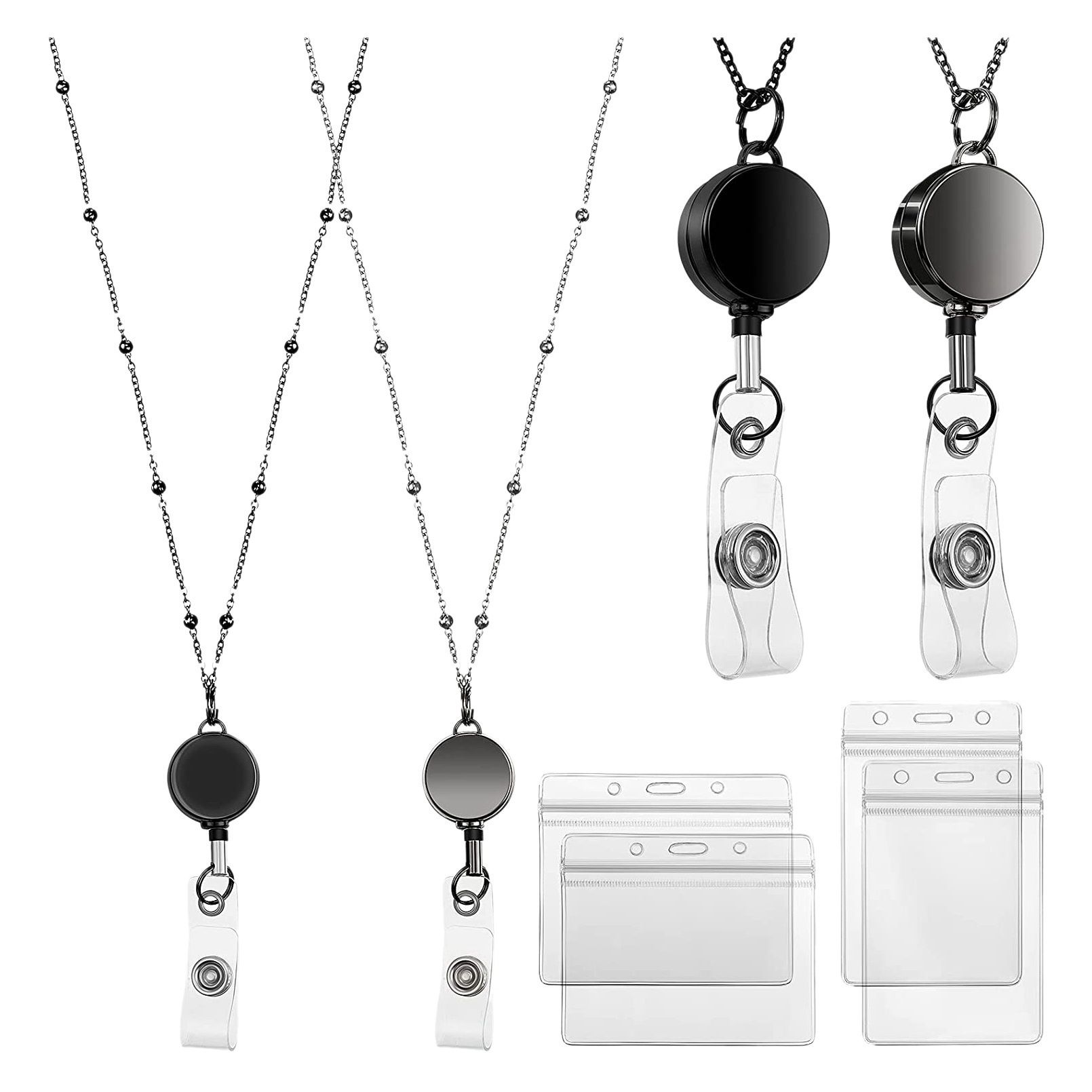 2 Pcs Retractable Badge Reel Lanyard with ID Holder Necklace Lanyard Badge Clip Chain Waterproof Holder - A