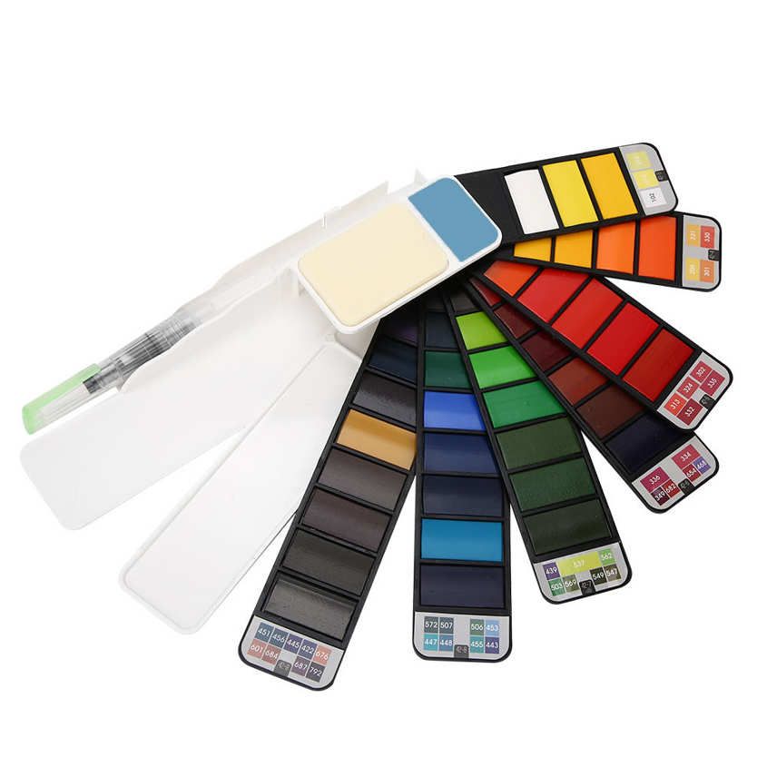 Pigment Solid Watercolor Paint Fan Shaped Foldable Portable 42 Colors + Water Brush
