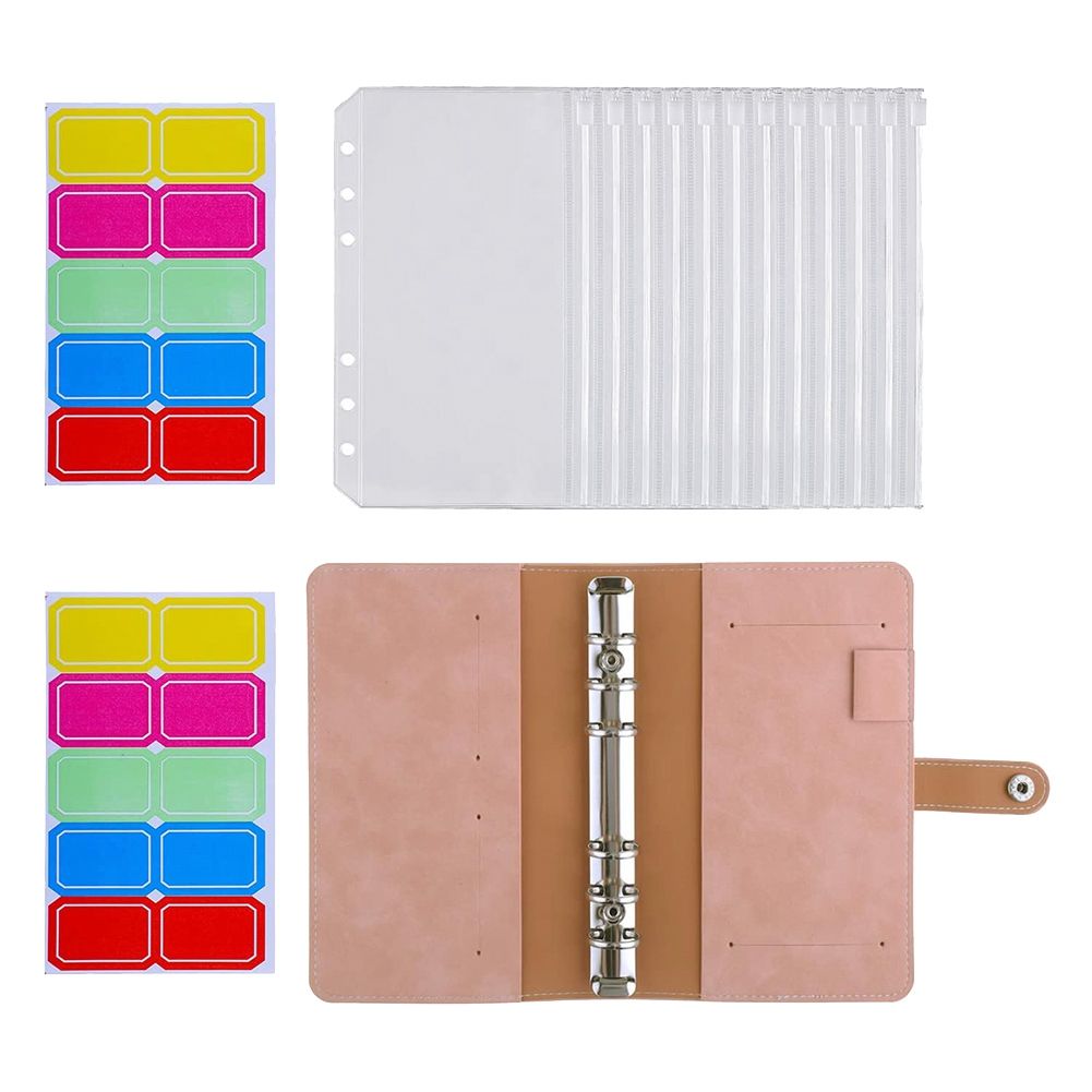 A6 Clear Binder Pockets,PU Leather Notebook Binder Cover Waterproof Loose Leaf Bags Cash Budget Envelopes System(Pink)