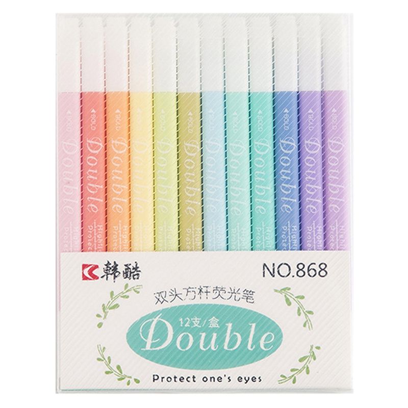 HK 868 Double-Ended Highlighter Pen Set, Hand Account Painting Oblique Head Round Head Square Bar Color Highlighter Set