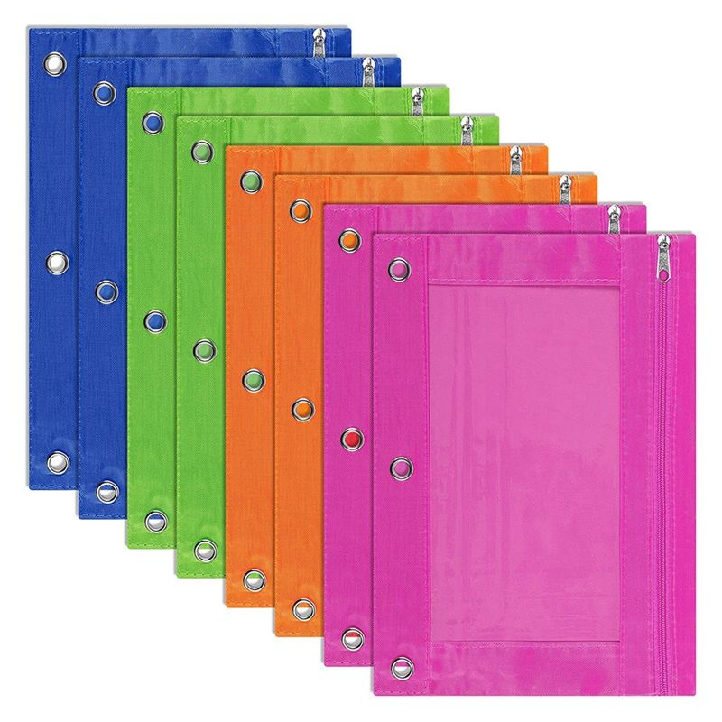 8 Pack 3-Ring Pencil Pouch, Pouch Binder, Multi-Color, Pencil Case, Clear Window, for School Supplies, Office Supplies