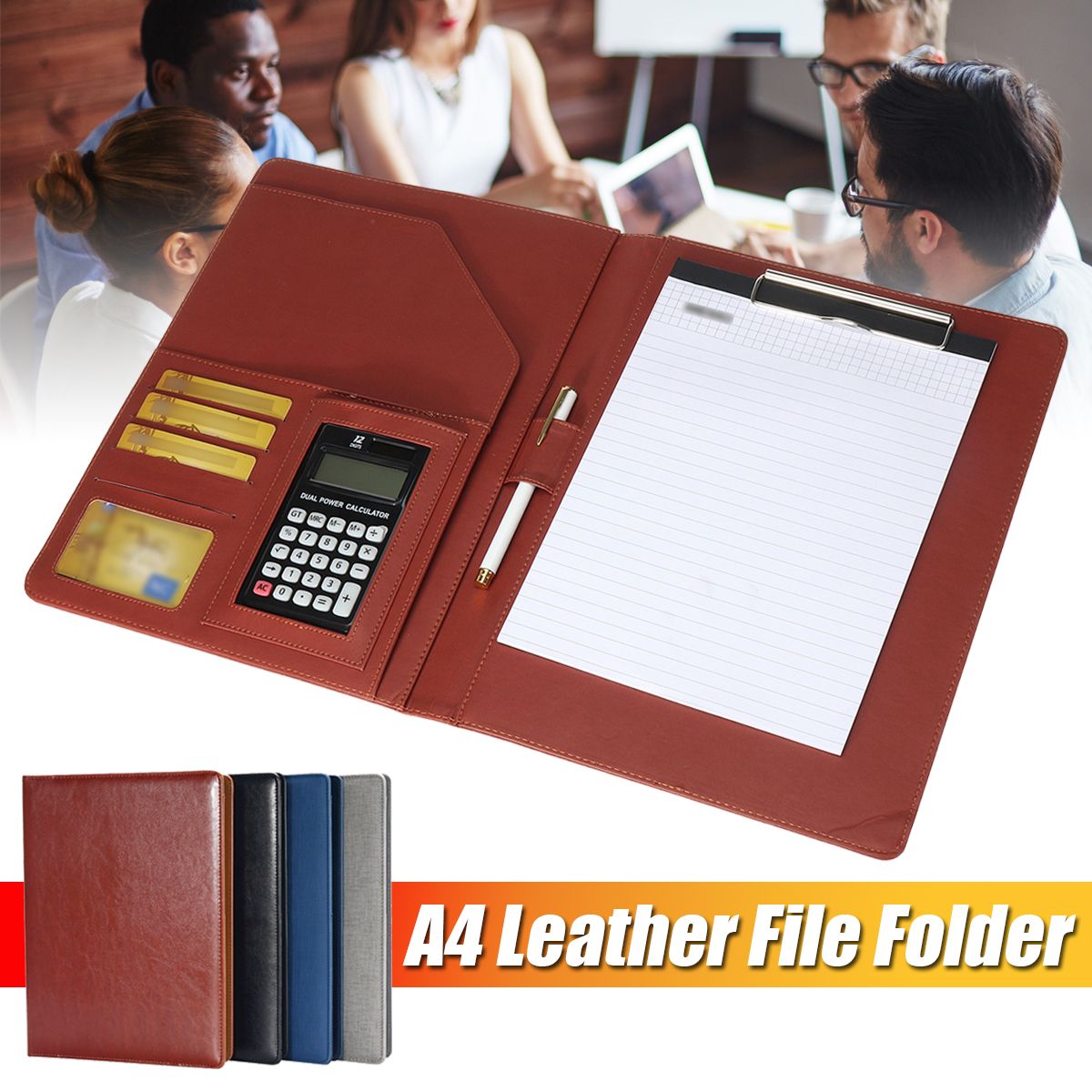 A4 PU Leather Stationery File Folder With Calculator Multifunction Document Organizer - Brown without calculator