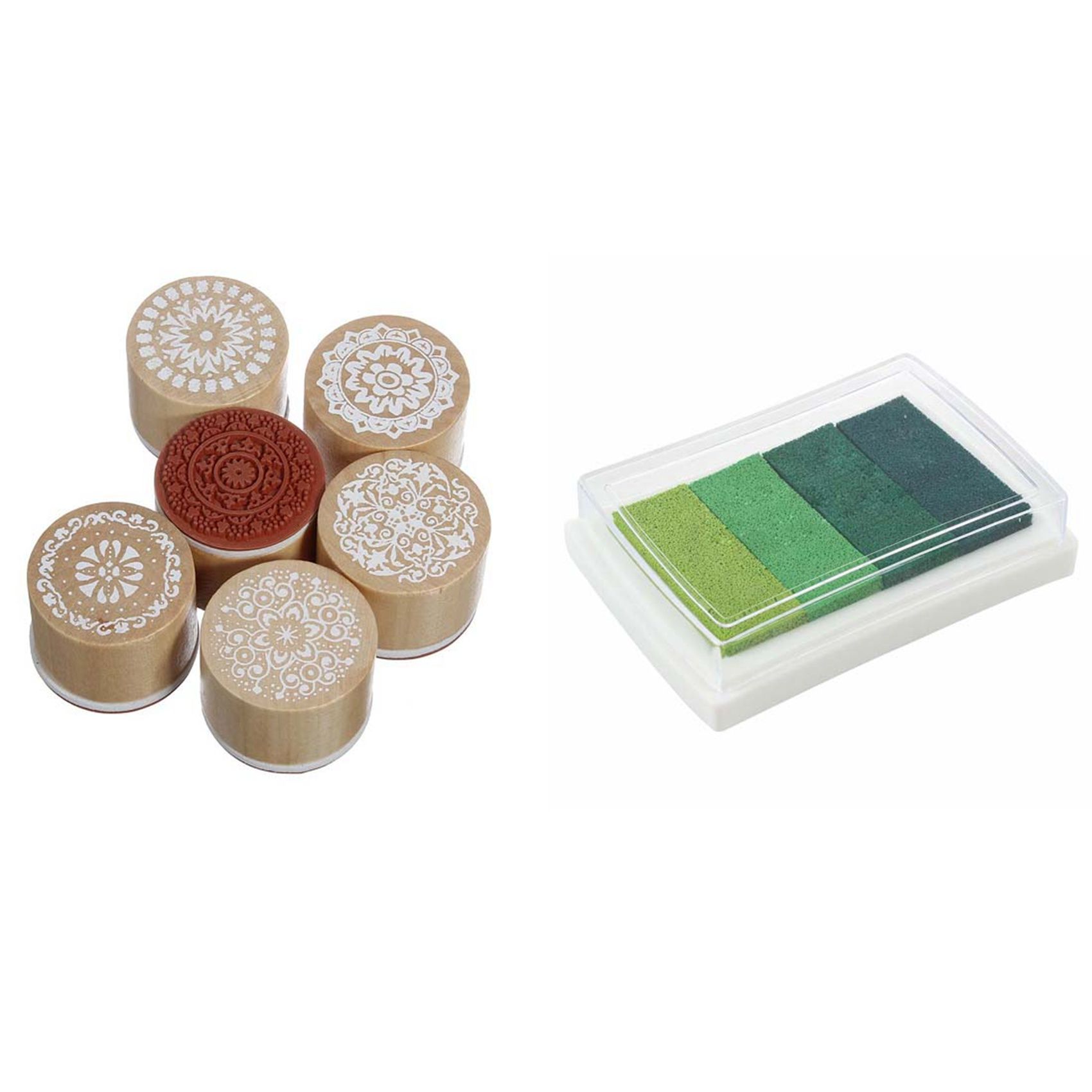 Inkpad Craft Multi Gradient Green 4 x Colors Ink Stamp Pad Oil Based with 6 Assorted Wooden Rubber Stamp