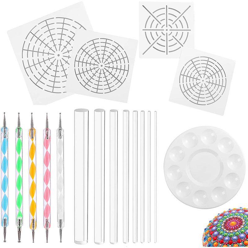 Mandala Art Dotting Tools 18 Including 4 Mandala Stencils, 8 Acrylic Rods, Paint Tray, 5 Double Sided Dotting Tools