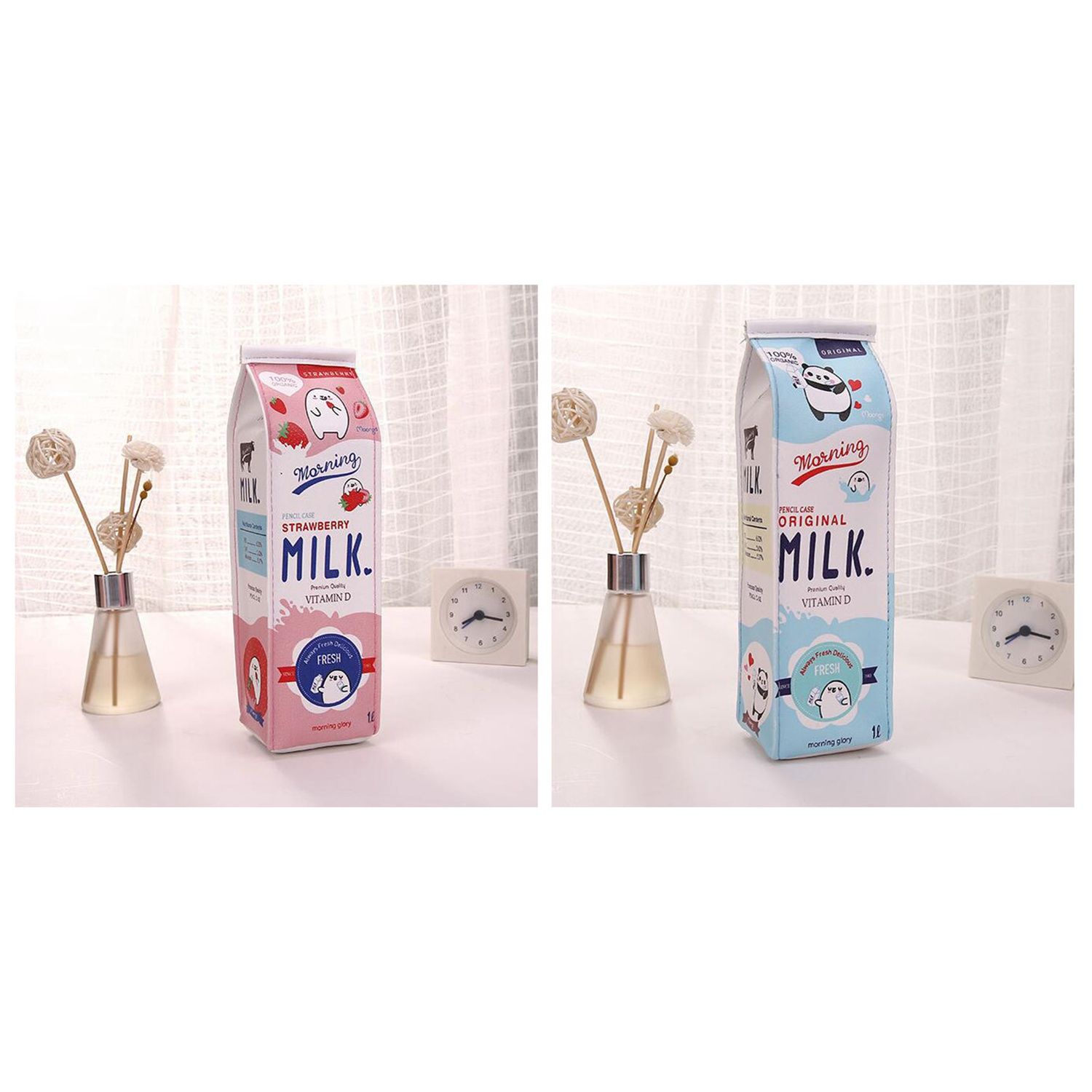 2 Pcs New Creative Simulation Of Milk Cartoon Pencil Case Cute PU Pen Bag Stationery Pouch for Student School Supplies, Blue & Red , PU cartoon milk pen - Multicolor