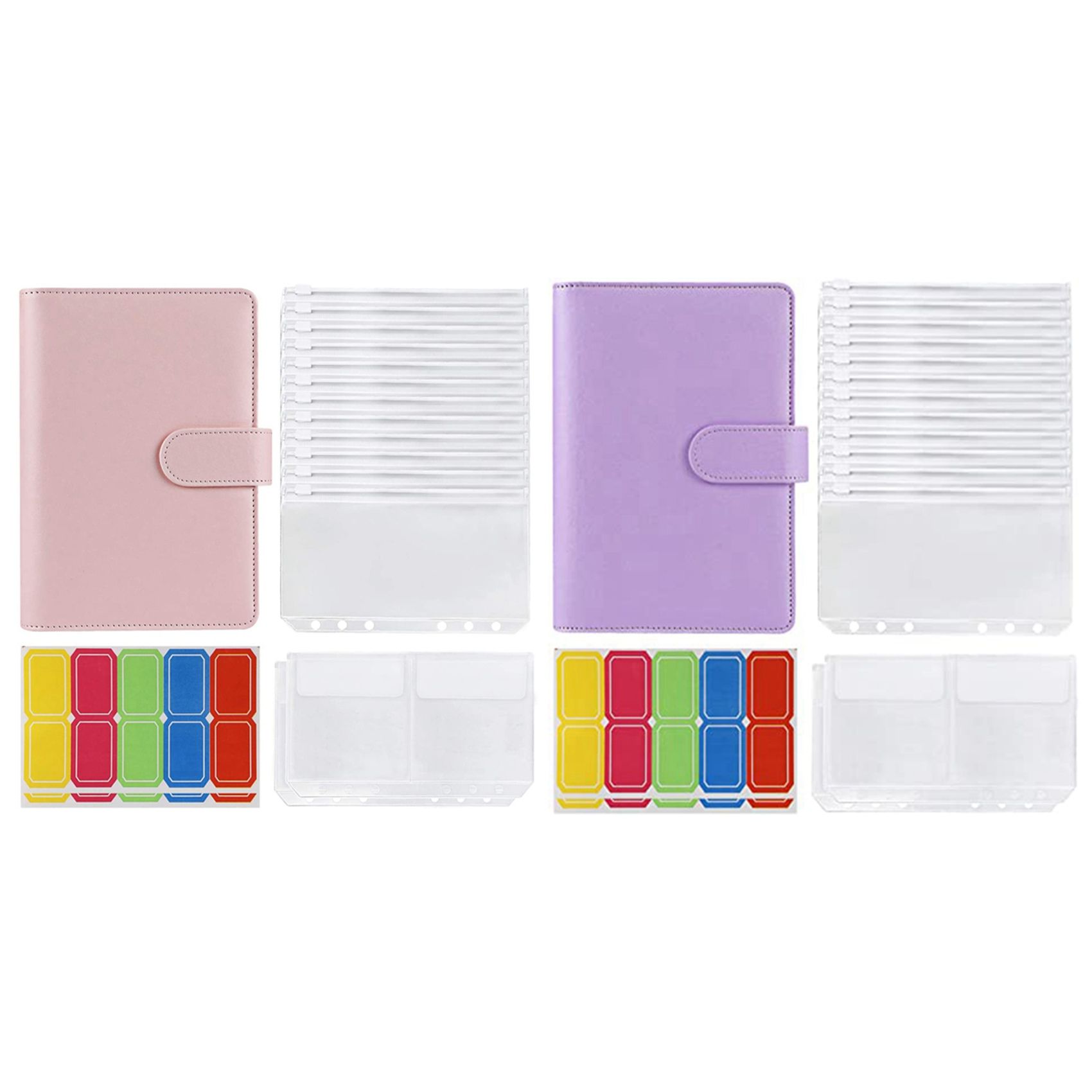 2 Set 14 Binder Bags A6 with Leather Binder Cover, 6 Rings Budget Binder with Cash Envelope, Binder, Pink & Purple