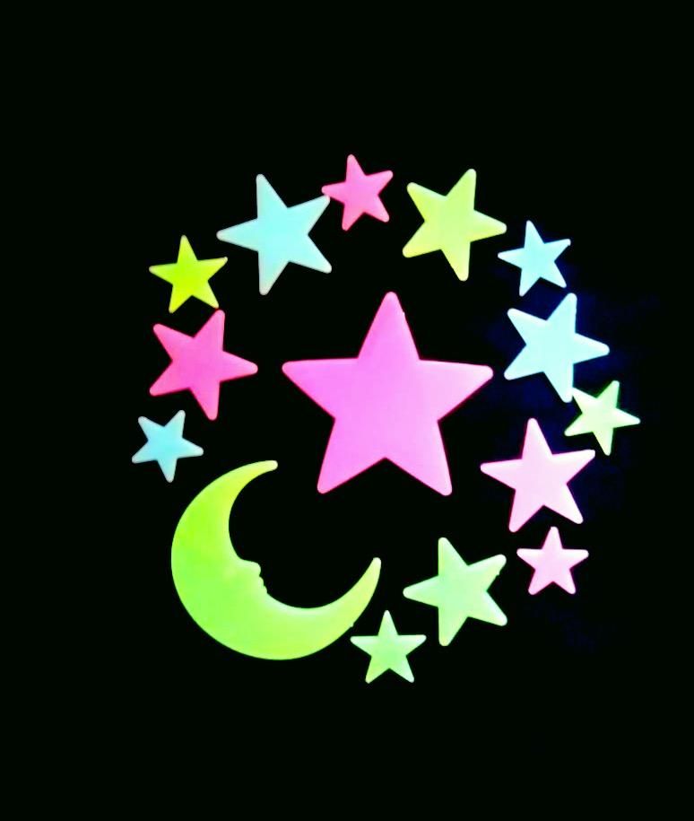 Glow in Dark Fluorescent Moon, Big Star Set with Glue Dots  - 15 pcs pack