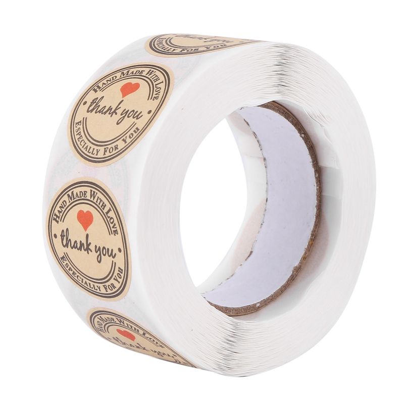 1 Inch Round Kraft Paper Thank You Hand Made With Love With Red Heart Stickers Total 500 Adhesive Labels Per Roll