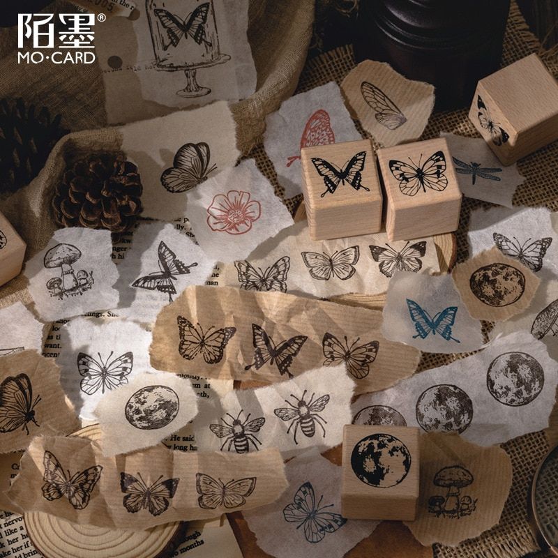 Wooden Rubber Stamp Set Butterfly Vintage Design Rubber Seals Wood Mounted Decorative Stamps For Diy Scrapbooking Craft Cards