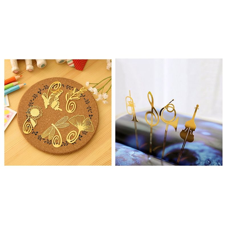 16 Pcs Metal Golden Bookmarks: 8 Pcs Cute Cartoon Art Bookmark & 8 Pcs Western Instrument Bookmark Vintage Music Bookmark