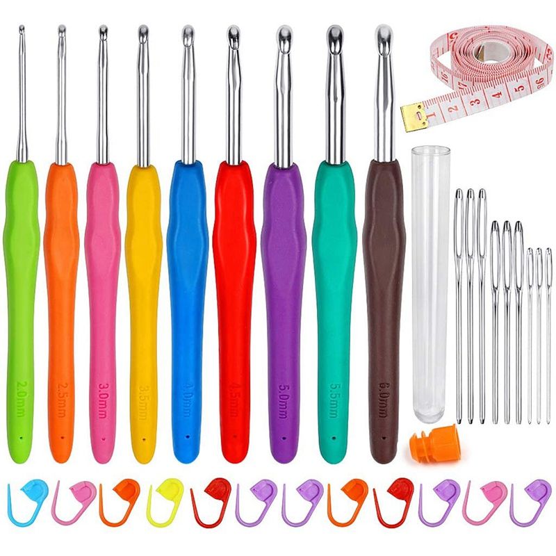JAERBEE Crochet Hooks Set,9PCS Aluminum Knitting Needles Kit Soft Handle with Measuring Tape Stitch Markers and Sewing Needles