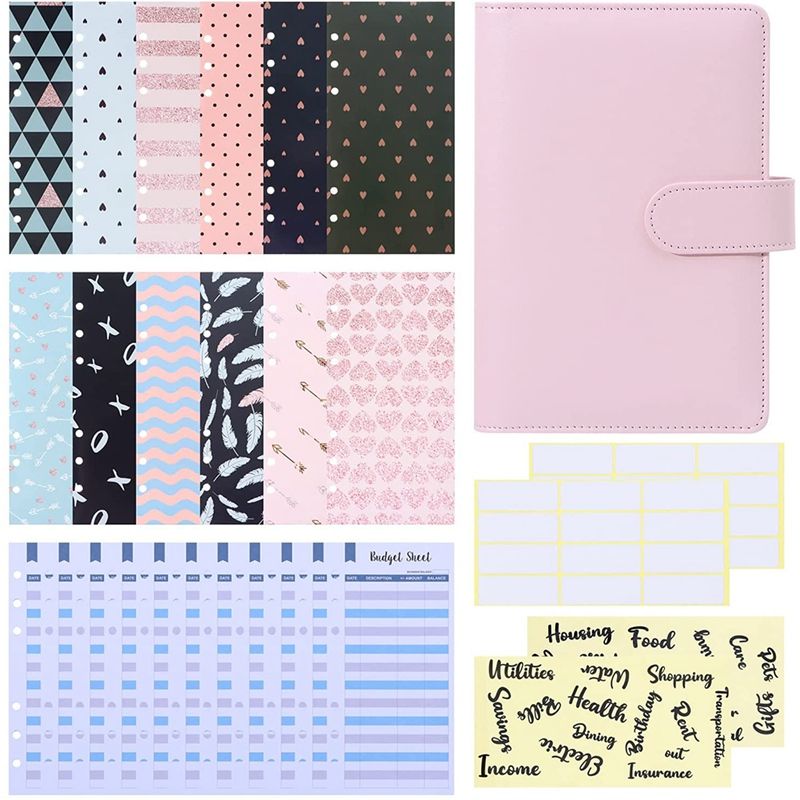 A6 Budget Binder with Cash Envelopes,for Budgeting, Notebook with Budget Envelope,Budget Sheet,Letter Sticker Pink