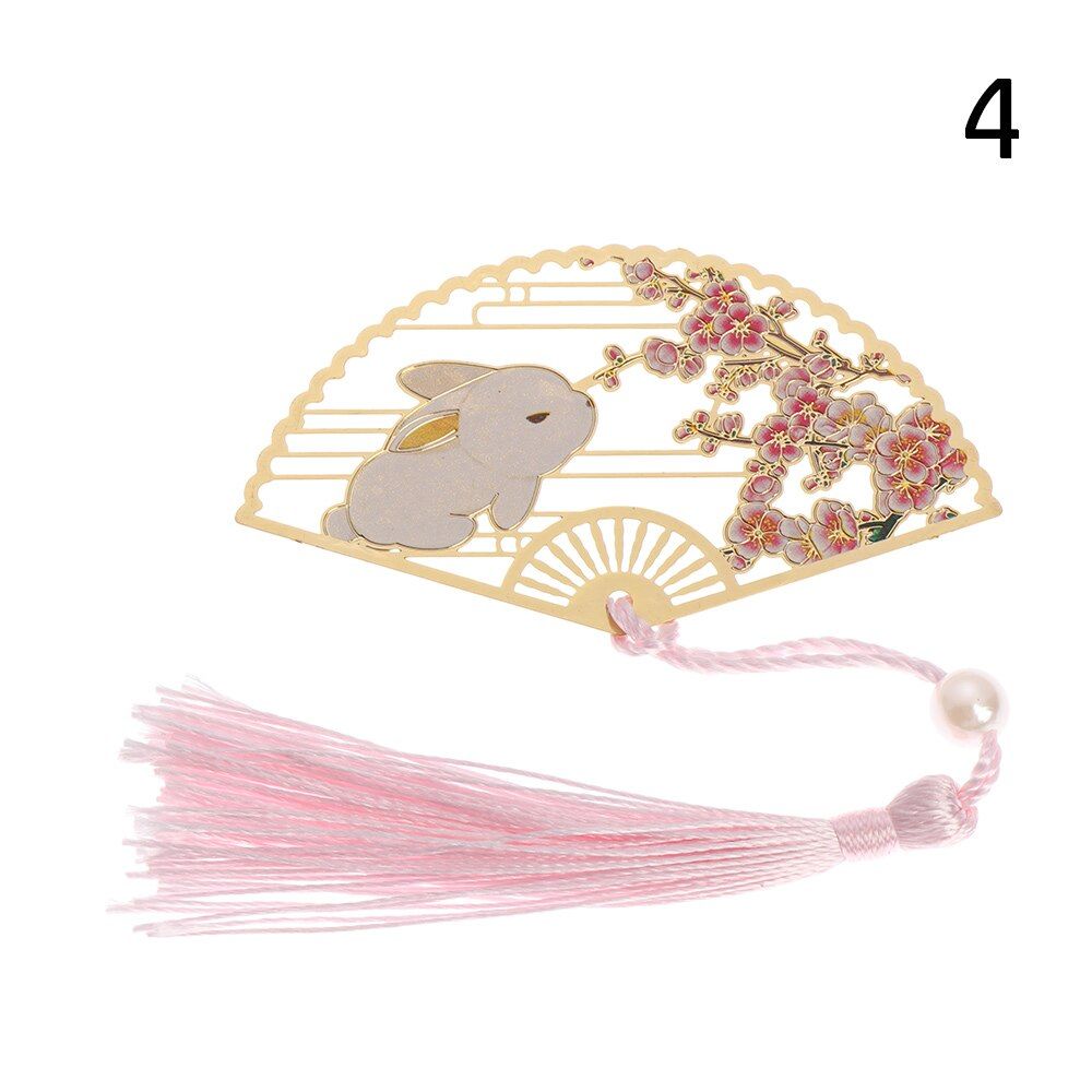 Retro Chinese Style Group Fan Shape Brass Bookmark Koi Peacock Metal Tassel Pendant Pagination Mark Book Clip Stationery Supply