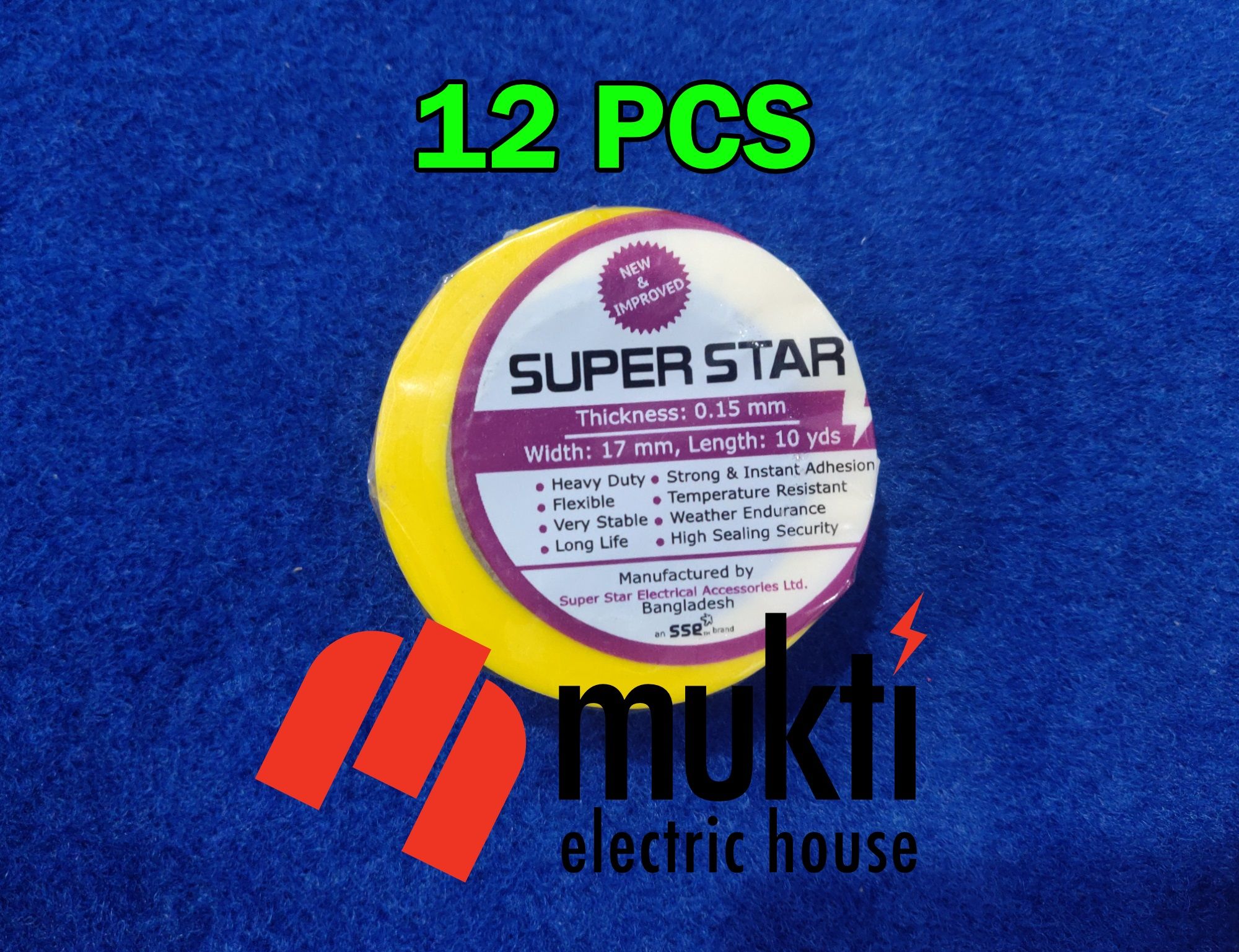 Super Star SSG PVC YELLOW Tape 17mm Accurate 10 Yards Strong Adhesive Gum Tape DIY Arts Crafts Electrical Wiring Waterproof Insulation Packaging Tennis Cricket Ball Wrapping