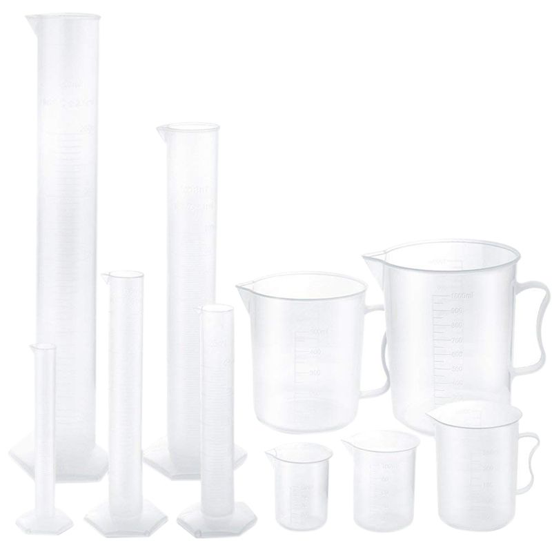 Plastic Graduated Cylinders and Plastic Beakers,5pcs Plastic Graduated Cylinders 10ml 25ml 50ml 100ml 250ml and 5pcs Plastic Beakers 50ml 100ml 250ml 500ml1000ml Clear 10pcs