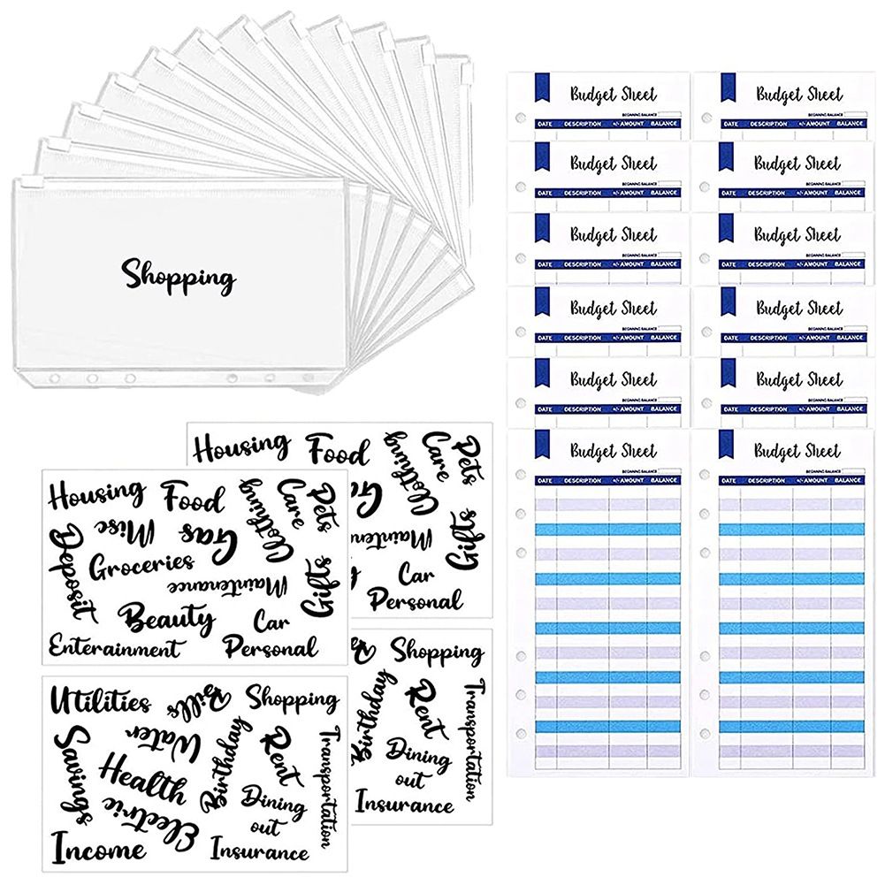 28 PCS Binder Pockets A6 6 Holes Clear Binder Zipper Envelopes Folders Budget Trackers Paper for Notebooks Bill Planner