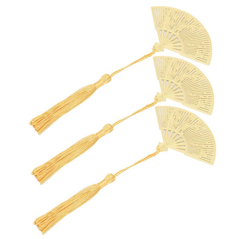 Brass Bookmarks 3Pcs Chinese Antique Folding Fan Metal Literature Art Gifts Books Supplies