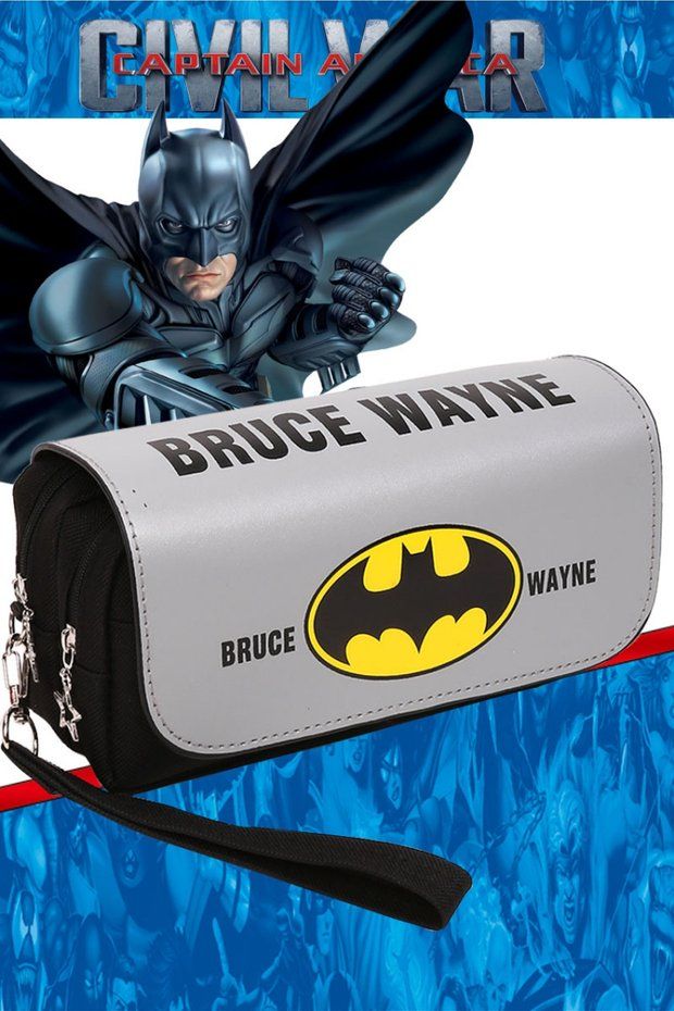 Batman Pu Leather Double Pencil Case Pen Organizer Pouch Pencil Box with Zip for Kids Boys and Girl