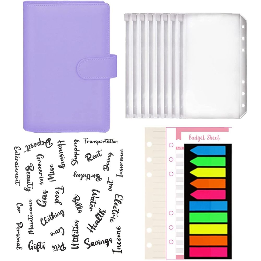 A6 PU Notebook 6 Rings Binder Budget Planner Organizer with Refill Papers,Expense Budget Sheets,Sticker Labels,Pocket E