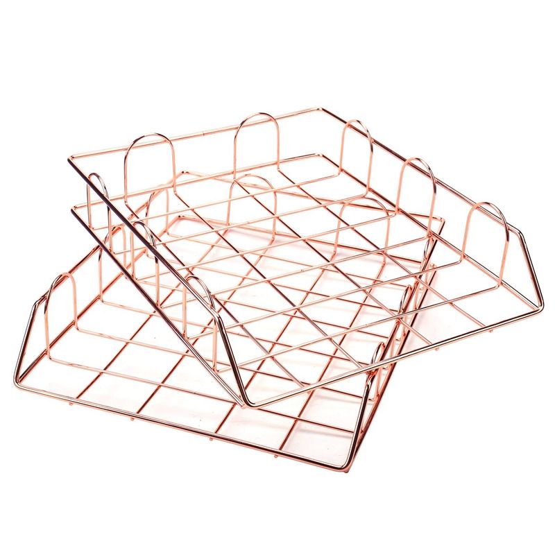 1 Set Of 2 Office Supplies Metal Stackable File Document Letter Tray Organizer, Rose Gold