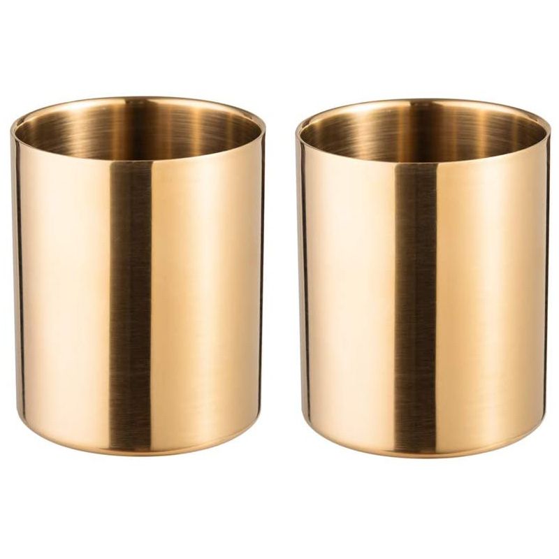 2-Piece Pencil Cup Holder Pen Pot Makeup Brushes Holder Desk Stationery Organizer Stainless Steel (aurum)