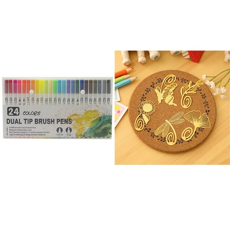 8Pcs Cute Cartoon Art Metal Gold Bookmarks Bookmark with 24 Color Fine Liner Dual Tip Brush Pen Drawing Watercolor