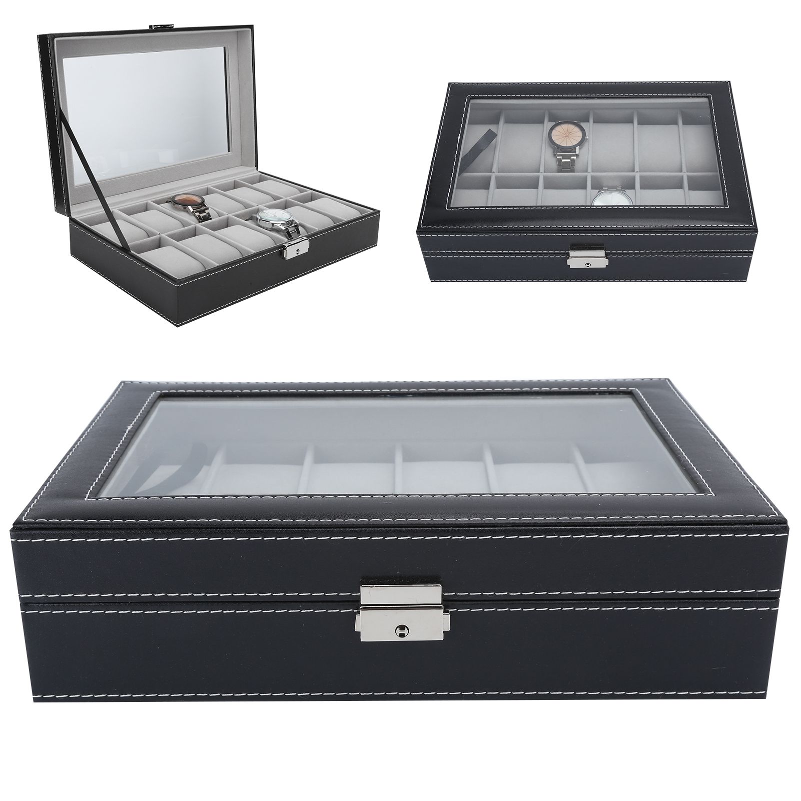 Jewelry Storage Case Watch Box 12 Grid PU Leather Black Plain Weave Multi-Position Display