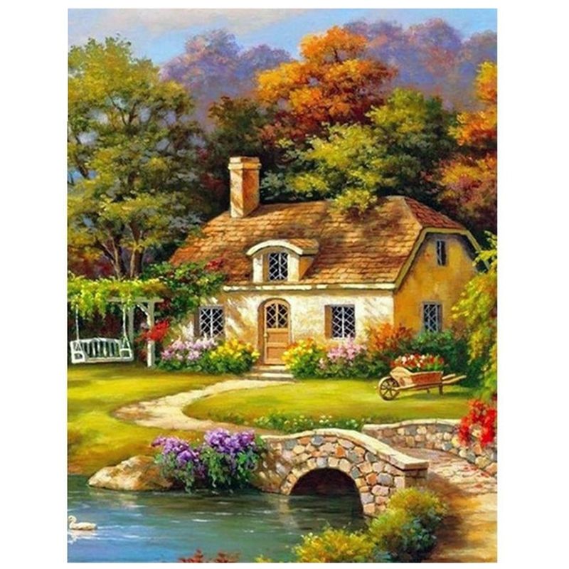 Diamond Painting Full Circle Diamond Kit Rhinestone Picture Art Craft Home Door Decoration (Painting House Landscape)