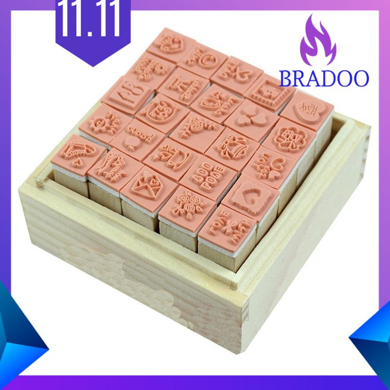 25Pcs/Set Lovely Diary Pattern Seal Stamp Wooden Box multirpose Wood Rubber