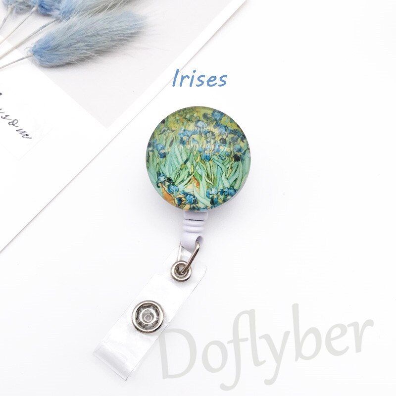 Fashion Van Gogh Starry Night Sunflowers Retractable Nurse Badge Reel IC ID Card Badge Holder with Alligator Clip
