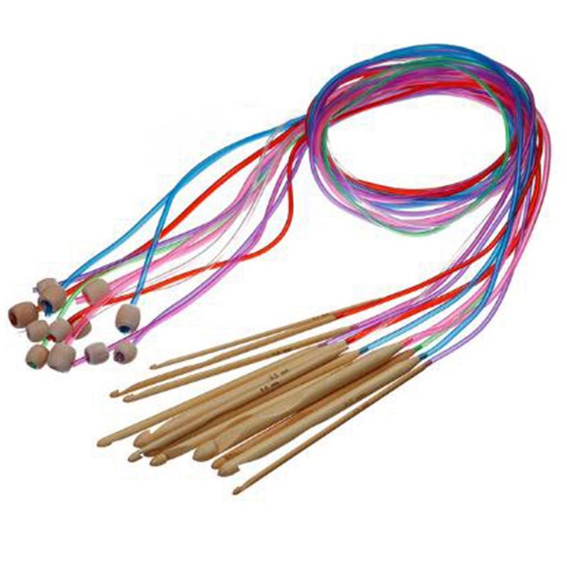 1 Set /12 Pc Natural Bamboo Flexible Afghan Tunisian Carpet Crochet Hooks Needles At Random Color Bamboo Handle Crochet Knitting Tool Kit