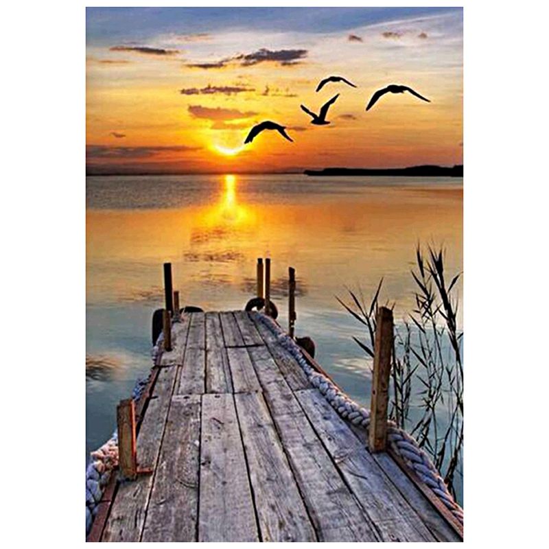 Diamond Embroidery Seaside Scenery Diamond Painting Full Round Picture of Rhinestone Home Decor,Wood Bridge