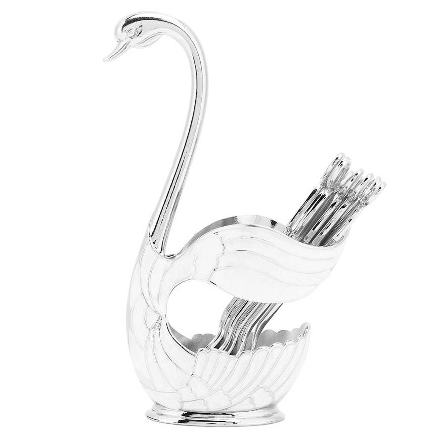 Metal Coffee Dessert Spoon Set Fruit/Dessert Cutlery Swan Base Holder Organizer with 6pcs Sugar Ice Cream