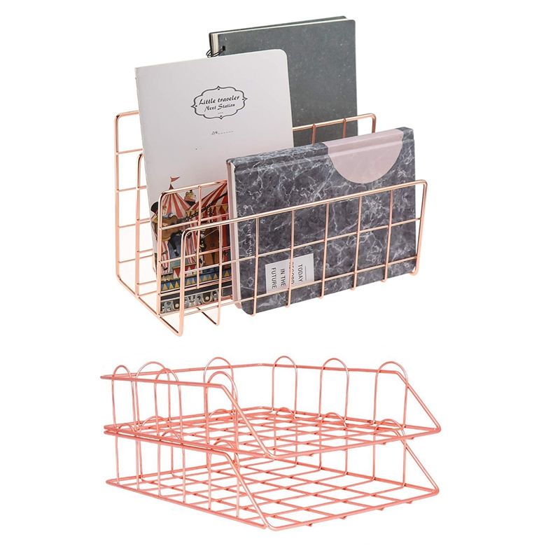 2pcs Metal Stackable File Document Letter Tray Organizer & 1pcs Desktop Mail Organizer, 3-Slot Metal, Rose Gold